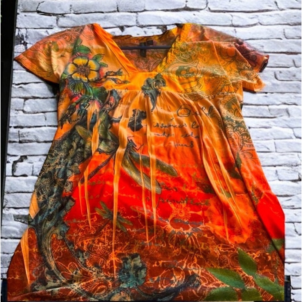 Susan Lawrence Blouse Orange and Green Dragonfly Print Women's Size Medium